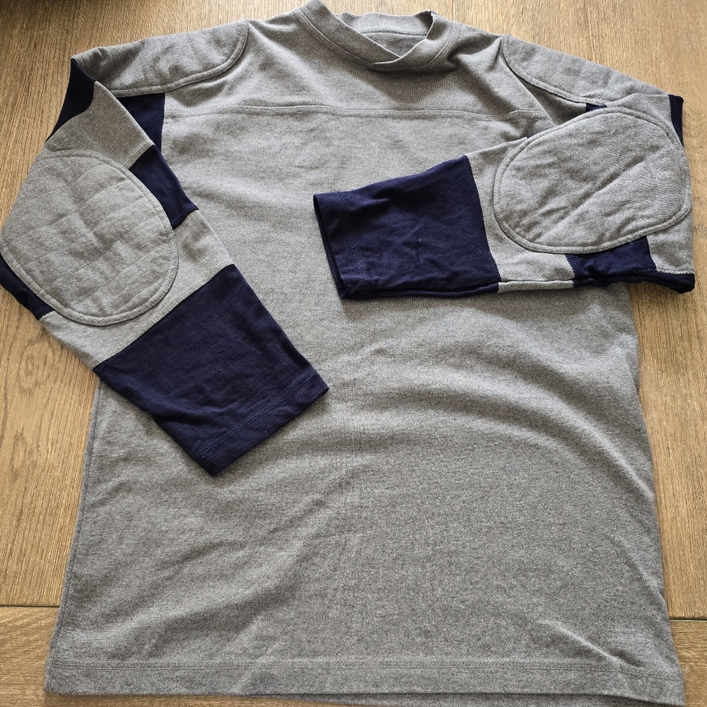 J Peterman S Sweater Pullover Gray Navy Blue Quilted‎ Elbow Patches Mens